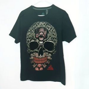 Adult Large Black Aztec Velvet Skull Day of the Dead Black Shirt Short Sleeve